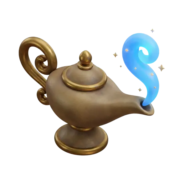 3D render of a vintage brass magic lamp with a curved ornate handle, round lid, and gold trim, emitting a stylized blue genie smoke with sparkles; isolated on a black background.