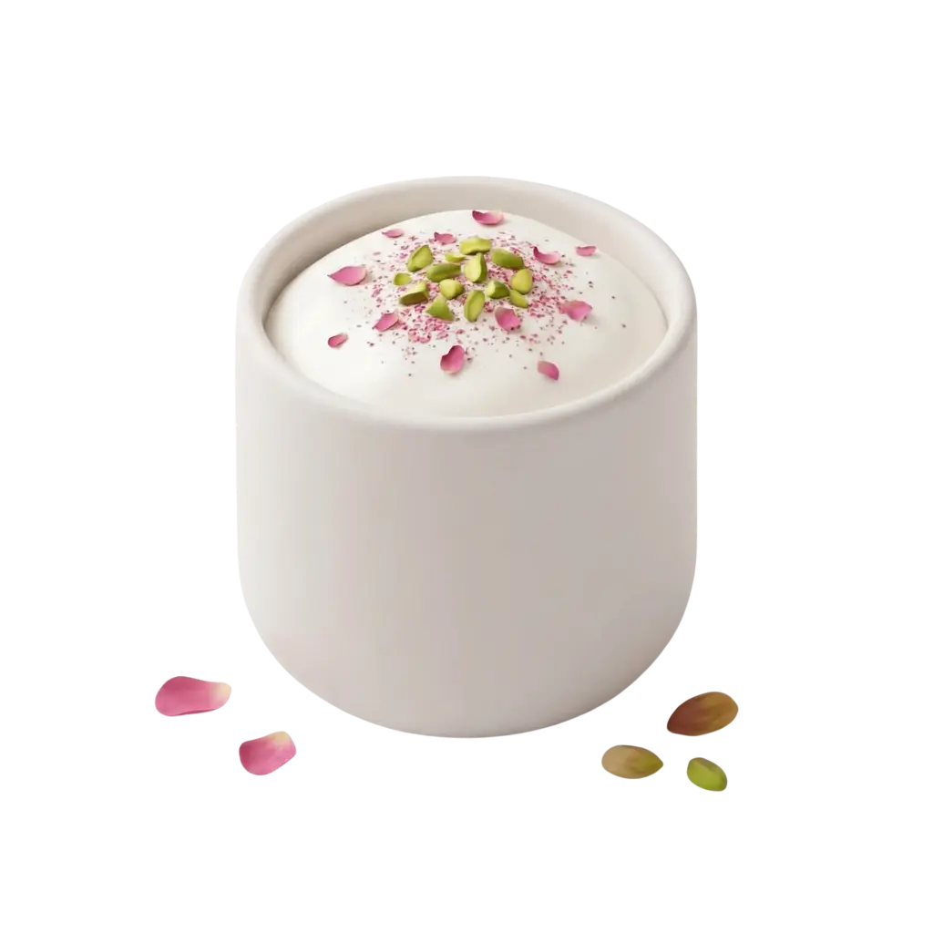 Close-up of a white ceramic cup filled with smooth white mahalabiya (milk pudding) topped with chopped green pistachios and pink rose petals, creamy texture visible and a few petals and nuts scattered around on a dark isolated background.