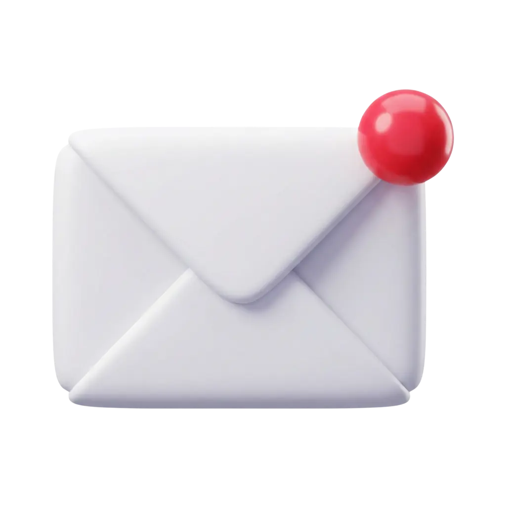 3D render of a stylized white mail envelope with soft rounded corners and a smooth matte finish, topped by a glossy red spherical notification pin at the top-right; isolated on a black background.