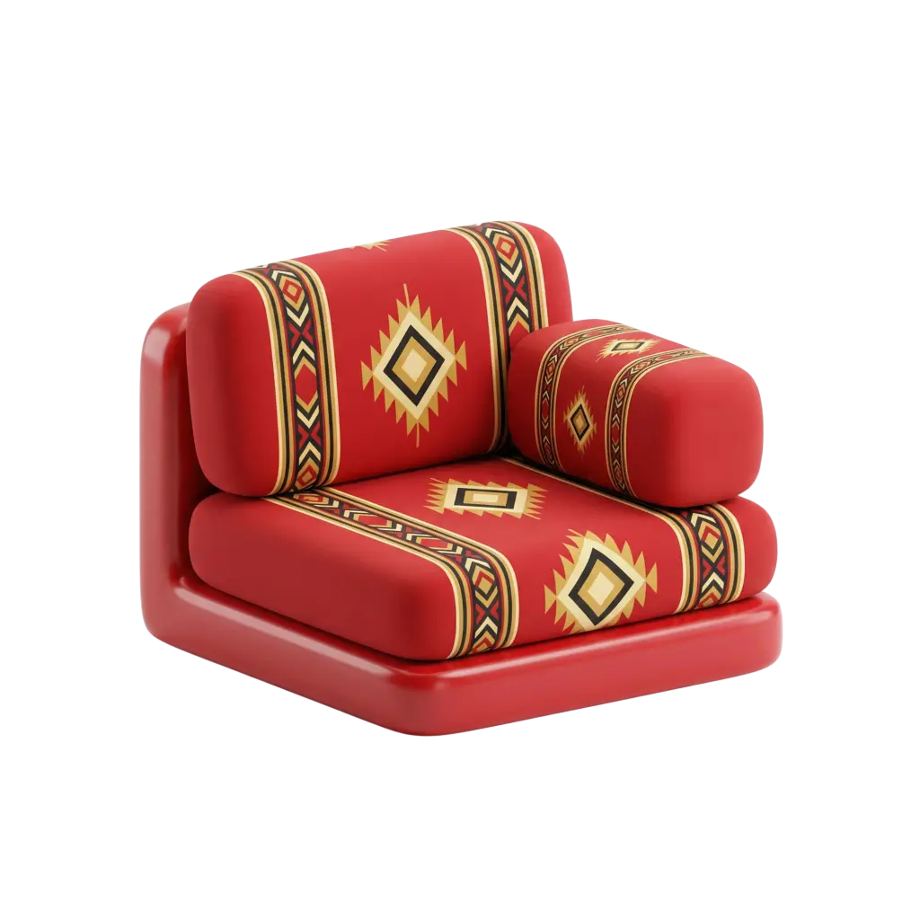 3D render of a single-seat majlis sofa with rounded cushions and a low glossy base, upholstered in red fabric with gold and black geometric diamond motifs and striped decorative bands. Isolated render on a transparent background.