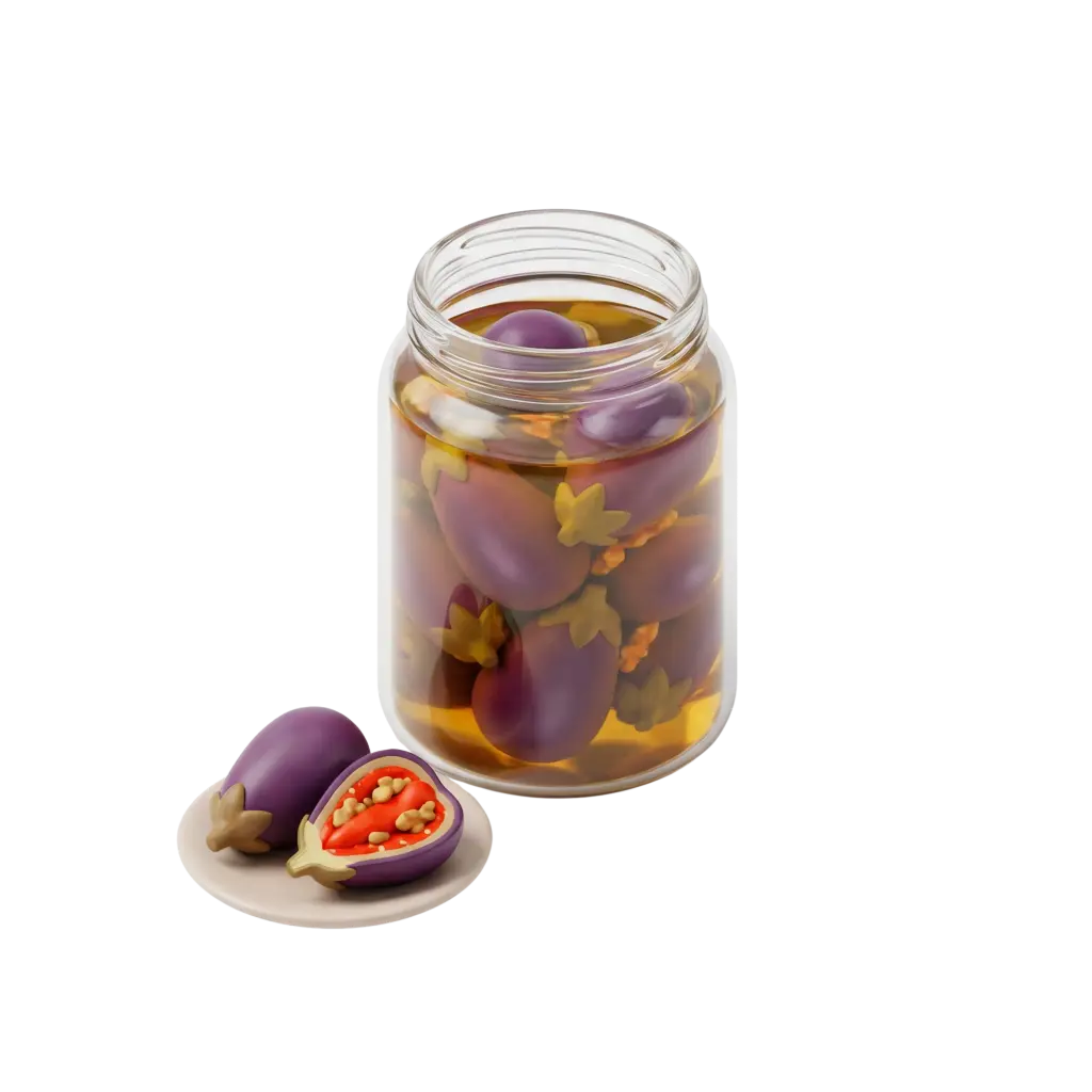 3D render of a glass jar filled with small purple makdous (stuffed eggplants) submerged in amber oil, plus a small white plate showing one whole and one halved eggplant revealing red pepper and walnut filling; glossy textures and isolated black background.