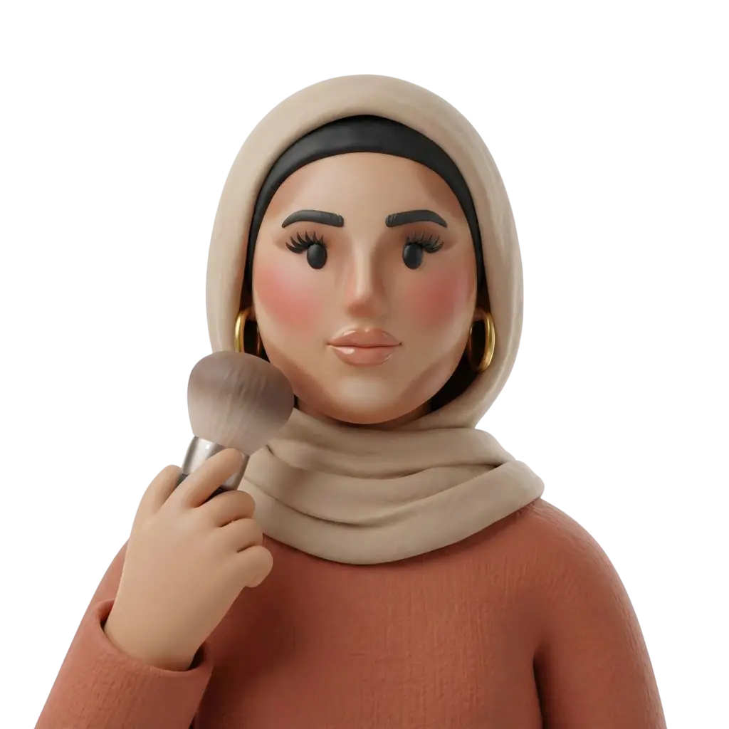 3D portrait bust of a female makeup artist wearing a beige hijab with a black undercap, gold hoop earrings and a peach sweater, holding a fluffy powder brush near her cheek. Neutral confident expression with long lashes and glossy lips against a solid black background.