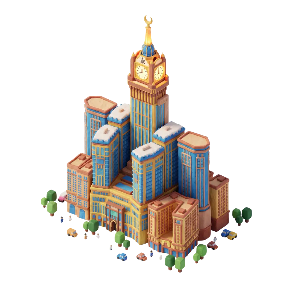 3D clay-style depiction of the Makkah Royal Clock Tower complex with a tall blue-and-gold clock tower topped by a crescent, surrounded by clustered high-rise blocks, tiny cars, trees and pedestrians in isometric perspective with soft studio lighting.
