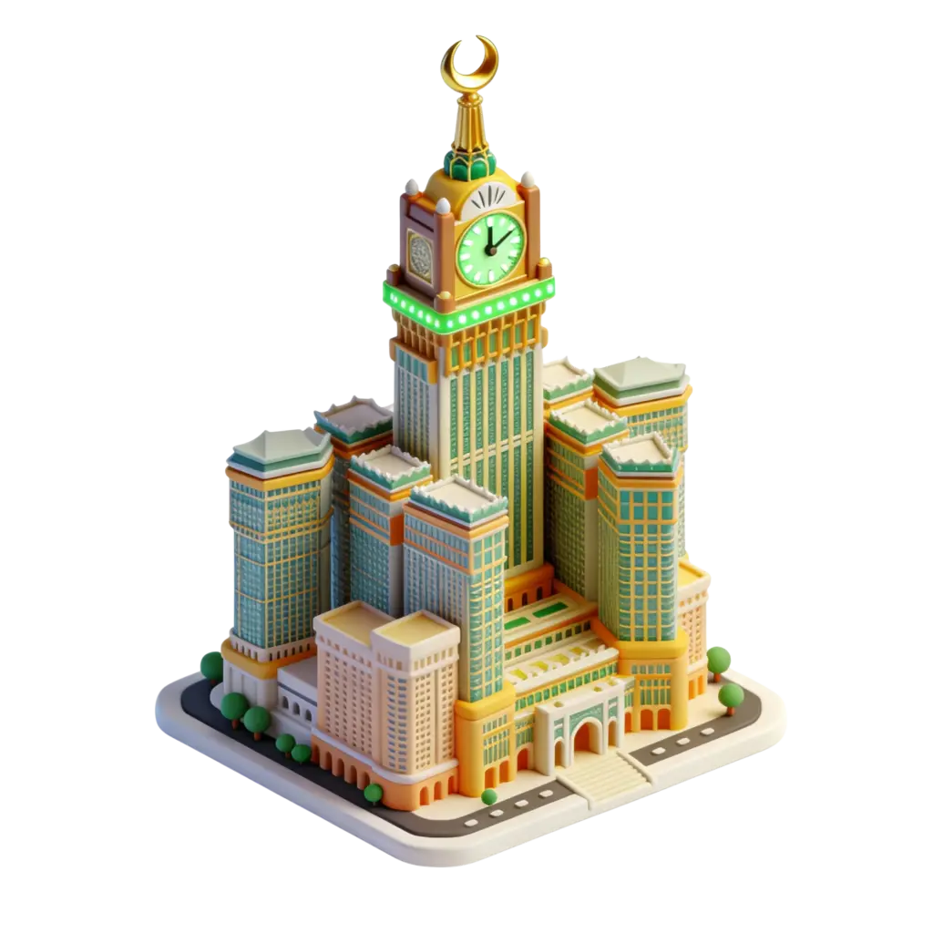 3D render of a stylized miniature Makkah Clock Tower complex with a central clock tower topped by a golden crescent, green illuminated clock face, surrounding high-rise blocks in pastel green and yellow, glossy finish, isolated on a black background.