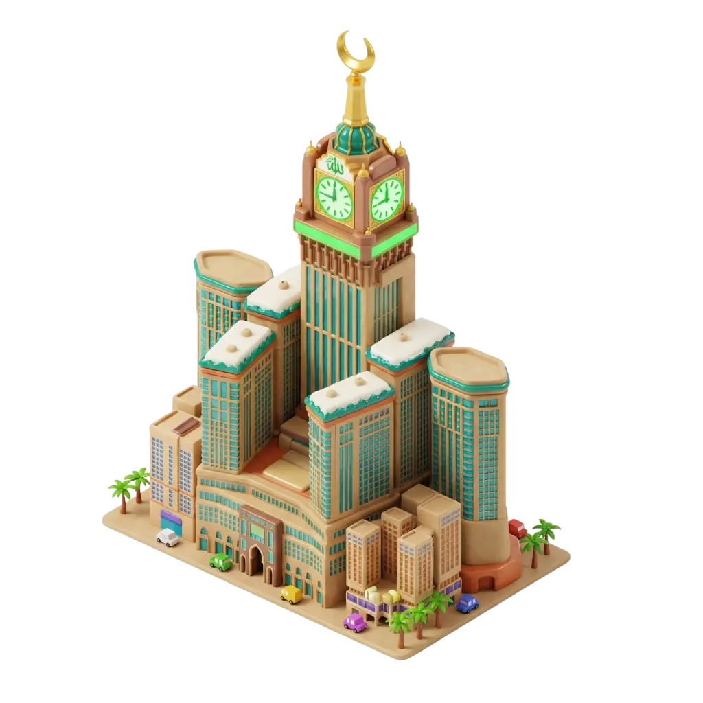 3D render of a stylized Makkah Clock Tower complex with multiple beige and teal towers, gold crescent finial and green illuminated clock faces; plastic-like matte finish with subtle glossy highlights. Isolated on a transparent background.