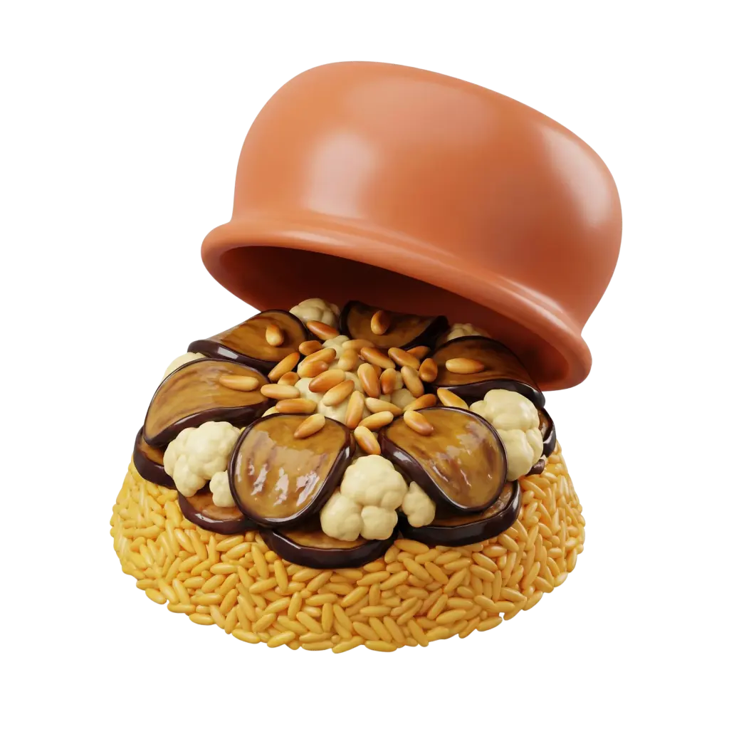 3D render of makloubeh showing a mound of golden rice topped with glossy fried eggplant slices, roasted cauliflower florets and toasted pine nuts, with a terracotta pot lid tilted above. Isolated on a black background with shiny textures and ceramic-style pot.