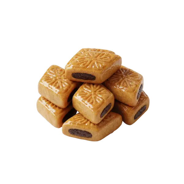 Close-up of stacked rectangular makroud pastries with golden glossy crust, carved floral pattern on top and visible dark date filling, isolated on a black background.