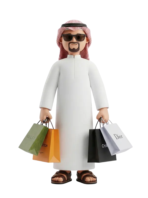 Full-body 3D character of a male Gulf shopper wearing a white thobe, red-checked ghutra with black agal, sunglasses and a short beard, holding multiple luxury shopping bags and standing against a plain black background.