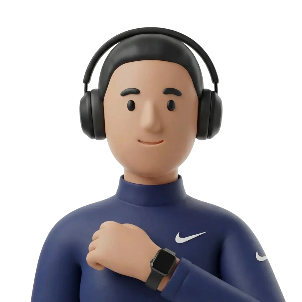 3D portrait bust of a man with short black hair wearing black over-ear headphones, a navy sweatshirt with a white swoosh and a smartwatch. He has simple stylized facial features, a slight smile, and poses against a solid black background.