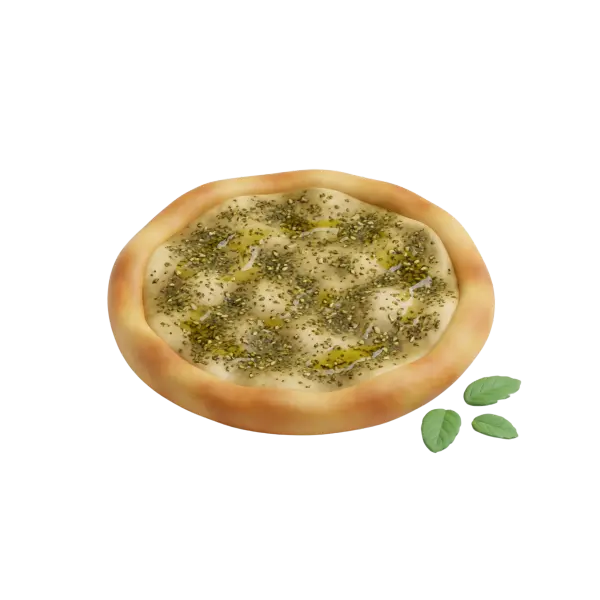 Top-down shot of a round manakish zaatar flatbread with a golden-brown crust, visible olive oil sheen and sprinkled za'atar herbs, with three green basil leaves beside, isolated on a black background.