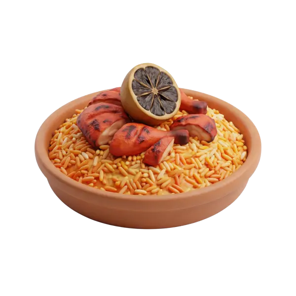 3D render of a terracotta bowl filled with yellow-orange spiced rice topped with charred roasted chicken pieces and a halved lemon, isolated on a black background.