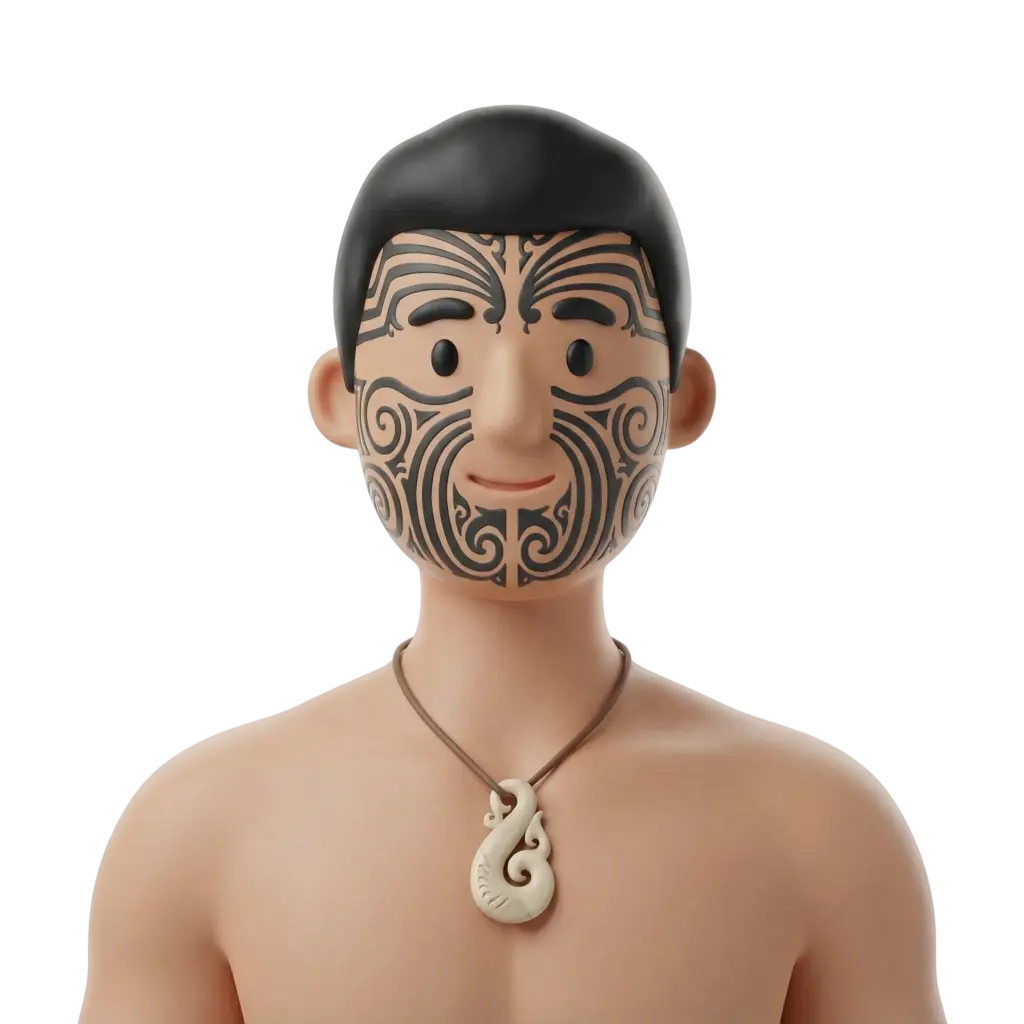 3D portrait bust of a Māori man with full black facial moko tattoos, short black hair, a subtle smile, bare chest and a carved bone fishhook pendant on a cord; isolated on a dark/transparent background.