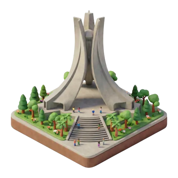 3D clay-style depiction of the Maqam Echahid monument: stylized concrete palm-shaped arches rising from a stepped platform, surrounded by small trees, palms and miniature people on the stairs, presented as an isolated diorama on a dark background. Soft, even lighting highlights smooth matte surfaces and pastel colors from a frontal perspective.