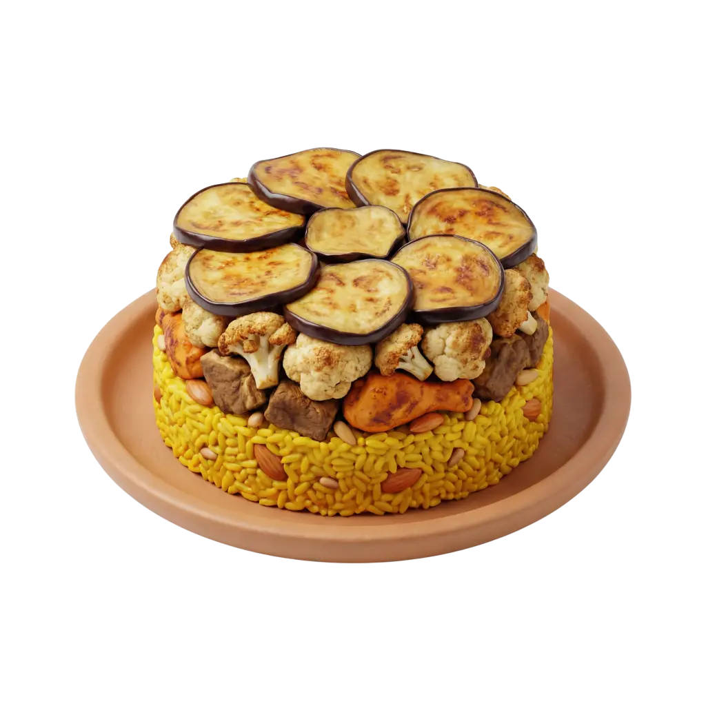 3D render of a Maqluba on a terracotta plate, layered yellow spiced rice studded with almonds and pine nuts, topped with roasted eggplant slices and surrounded by roasted cauliflower florets and meat chunks; isolated on a black background.