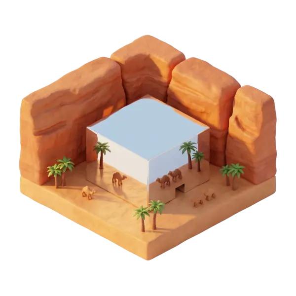 3D render of a mirrored cube concert hall set inside a sandy desert canyon with towering orange rock walls, small stylized palm trees and camel figures; soft warm sunlight casts long shadows and the mirrored surfaces reflect the surrounding rocks. Isometric perspective with a glossy, stylized clay look and isolated dark background.