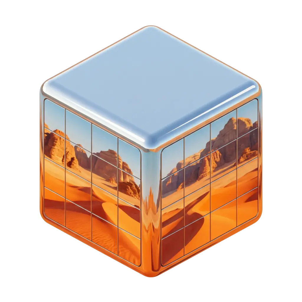 3D render of a glossy metallic cube with tiled mirrored panels reflecting orange desert dunes and sandstone formations; the top face has a soft matte sky-blue finish. Isolated on a transparent background with a subtle rounded-edge cube shape.