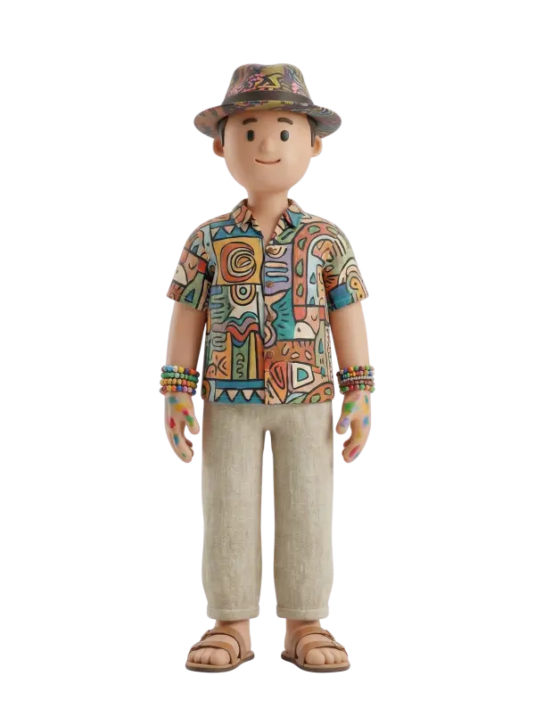 Full-body 3D character of a male Marrakech bohemian artist wearing a colorful patterned short-sleeve shirt, beige linen pants, a patterned fedora-style hat, and brown sandals, with multiple beaded bracelets and paint splatters on his hands; smiling with a relaxed stance against an isolated black background.