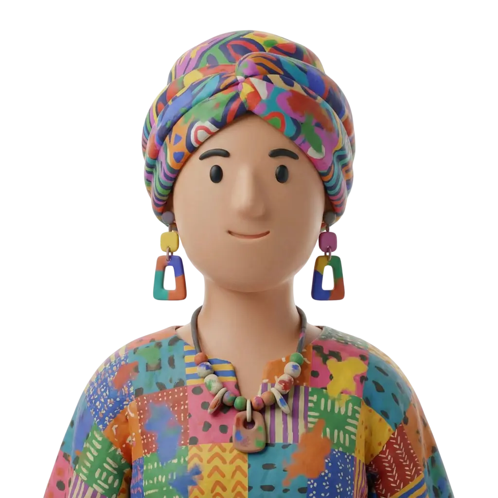 3D portrait bust of a woman artist wearing a colorful patterned turban and a patchwork kaftan, with bold geometric dangling earrings and a handmade beaded necklace; minimalist facial features and a gentle smile. Isolated on a black/transparent background with a clay-style finish.