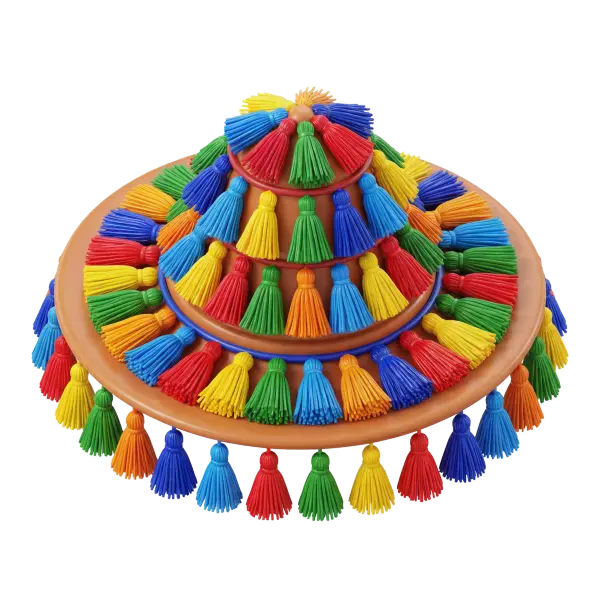 3D render of a tiered terracotta hat densely trimmed with rows of small multicolored tassels (red, blue, green, yellow, orange), matte clay finish with soft textile-like tassels, isolated on a black background.