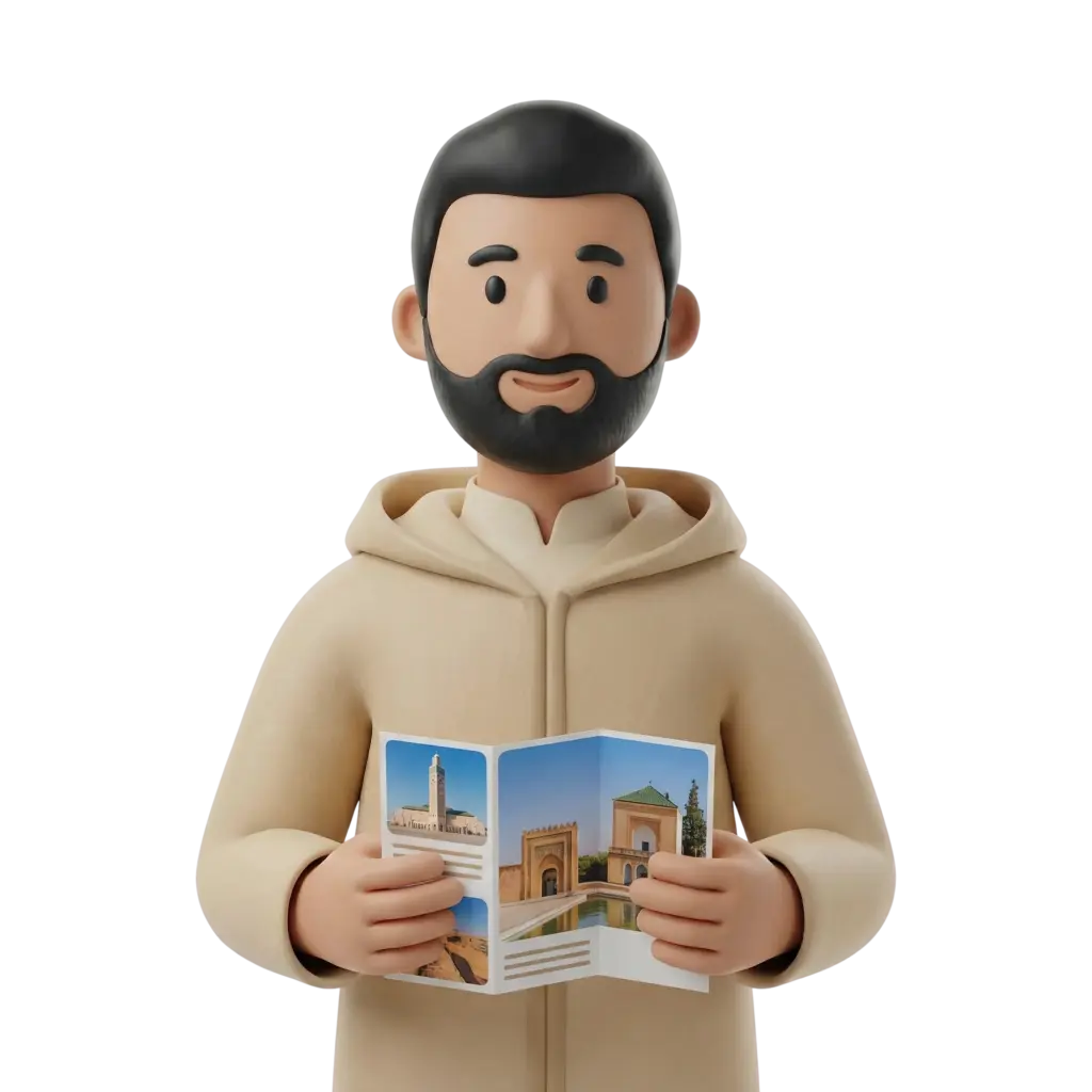 3D portrait bust of a male Marrakesh tour guide wearing a beige djellaba with a hood, short black hair and a trimmed black beard, holding a folded travel brochure showing Moroccan landmarks. He smiles gently, holds the brochure with both hands against a plain dark background.