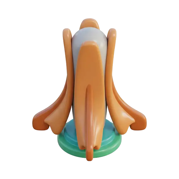 3D render of a stylized martyrs memorial sculpture with four smooth orange petal-like fins wrapping a central matte gray rounded column, mounted on a low green circular base with a glossy plastic finish. Transparent background.