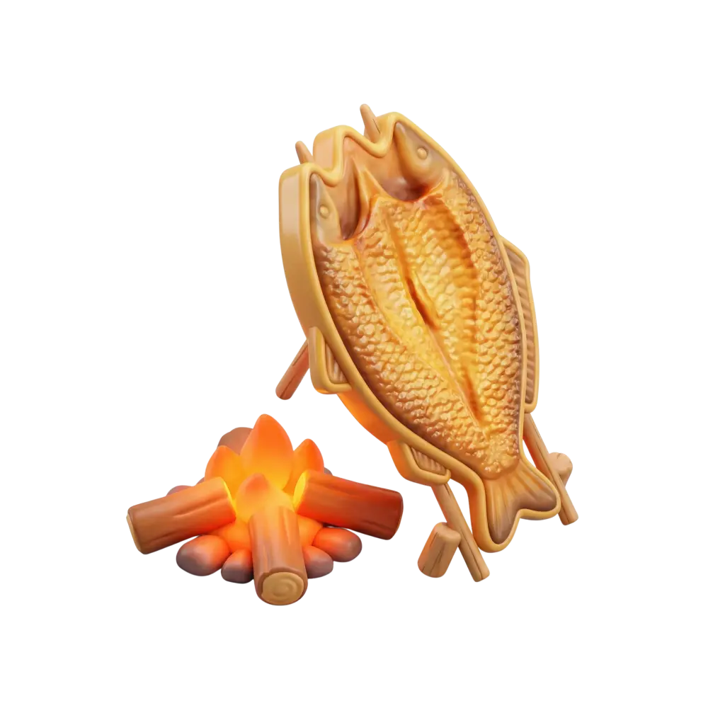 3D render of a stylized Masgouf fish — split and flattened with golden-orange grilled scales, mounted on a wooden frame and propped next to a glowing campfire; glossy, cartoonish finish on a transparent background.