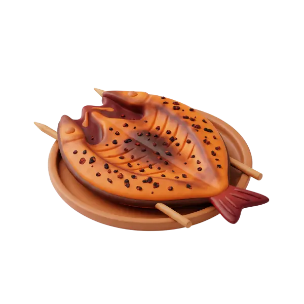 3D render of a whole grilled Masgouf fish with golden-orange caramelized skin, visible char marks and scattered red pepper flakes, skewered on wooden sticks and served on a terracotta plate. The isolated render sits on a black background with a red-tinted fish tail.