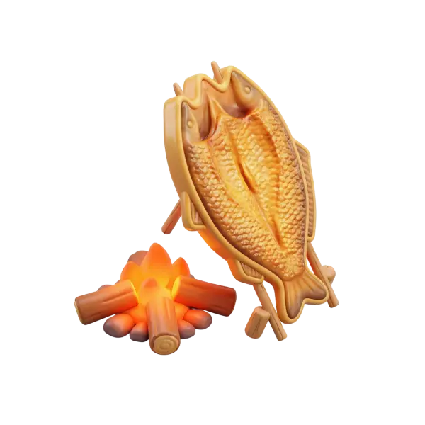 3D render of a whole grilled masgouf fish mounted on wooden stakes with a textured golden-brown skin and visible scales, shown beside glowing embers and logs on a black background.