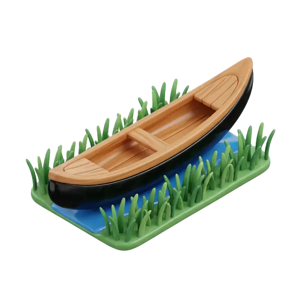 3D render of a stylized mashoof canoe with a polished wooden interior and glossy black hull, placed on a small blue water base surrounded by green reeds, isolated on a transparent background.