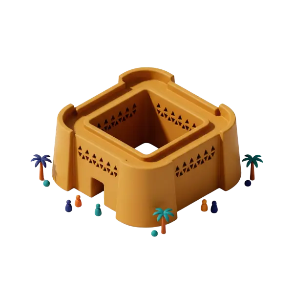 3D render of a stylized ochre Masmak Fort model with a matte plastic-like finish, triangular perforated windows and a central open courtyard, surrounded by tiny palm trees and colorful pawn figures, isolated on a black background.