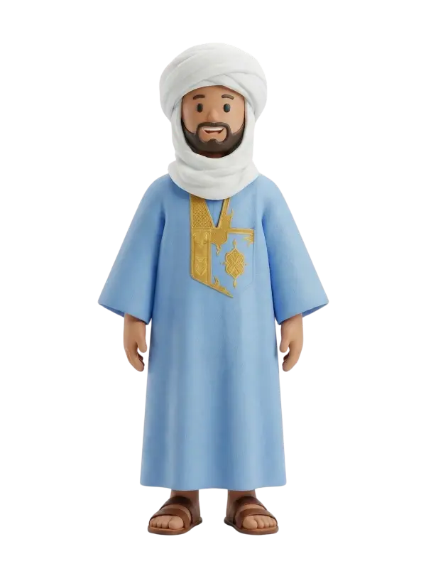 Full-body 3D character of a Mauritanian man wearing a light-blue grand boubou with gold chest embroidery, a white turban and scarf, short beard and brown sandals, smiling with relaxed hands against a black transparent background.