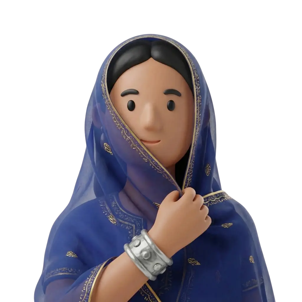 3D portrait bust of a Mauritanian woman wearing a deep blue sheer headscarf with gold embroidery and a matching robe, a silver cuff bracelet on her wrist, holding the scarf near her face with a gentle smile; isolated on a black background.