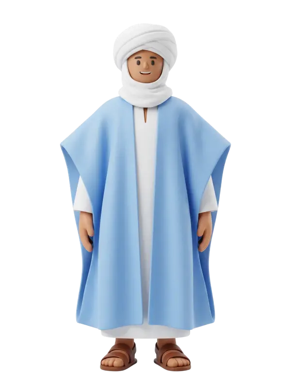 Full-body 3D character of a Mauritanian man wearing a white turban (amama) and a light blue boubou over a white robe, brown sandals, smiling with a relaxed standing pose against a dark/transparent background.