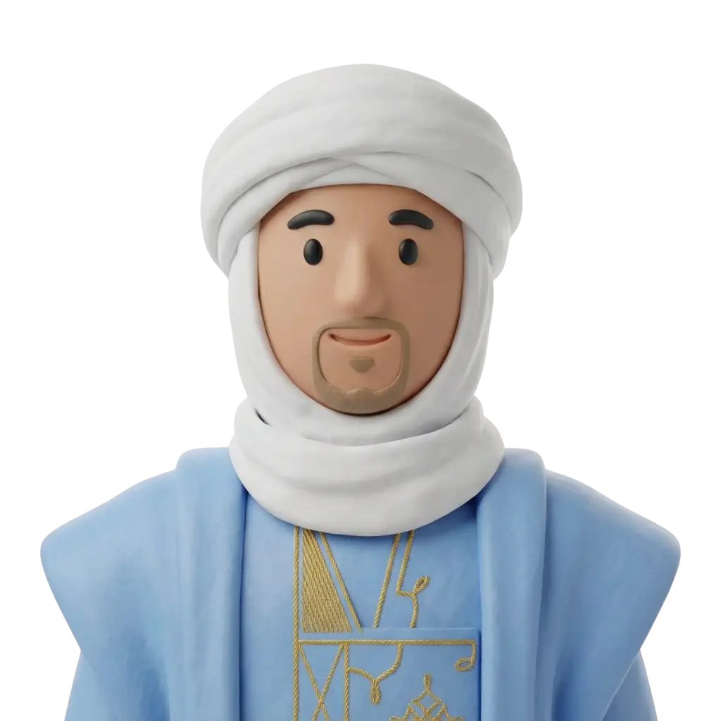 3D portrait bust of a Mauritanian man wearing a white wrapped turban (عمامة) and a light blue traditional dra'a with gold embroidery, featuring a short trimmed beard, friendly smile, and forward-facing pose against a neutral black background.