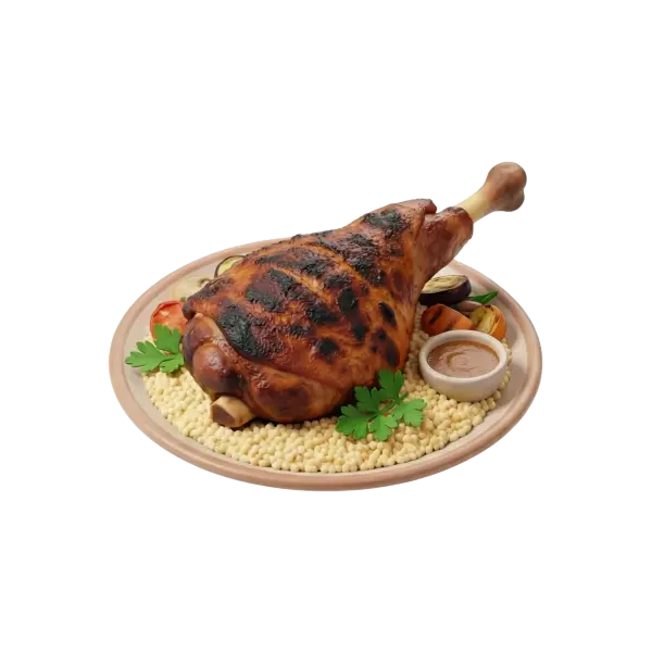 3D render of a roasted lamb leg with char marks placed on a bed of couscous, garnished with parsley, grilled vegetables and a small bowl of sauce on a round ceramic plate, isolated on a black background.