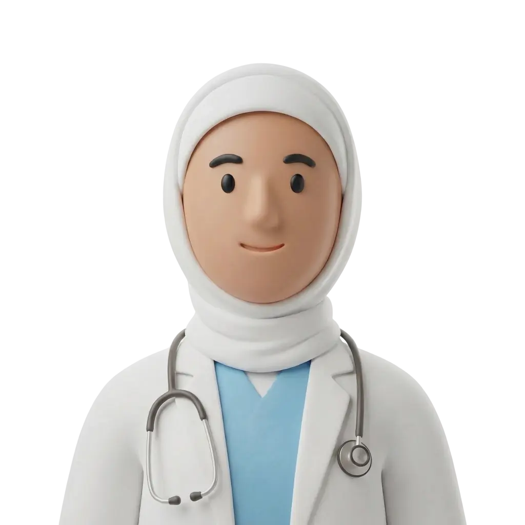 3D portrait bust of a female doctor wearing a white hijab, white lab coat and blue scrubs, with a stethoscope around her neck, neutral smile and forward-facing pose. Isolated on a dark/transparent background.