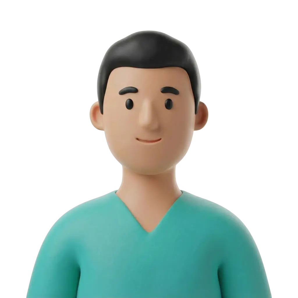 3D portrait bust of a male medical worker with short black hair, wearing teal V-neck scrubs, neutral friendly smile and no accessories. Isolated render on a black/transparent background.