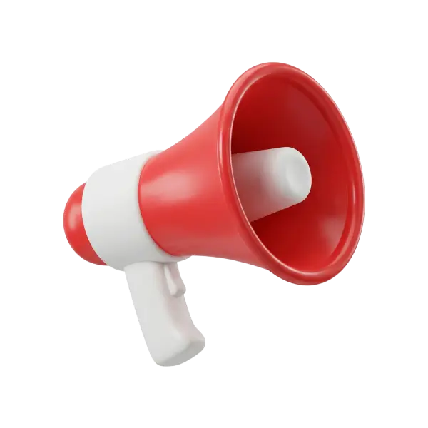 3D render of a red and white plastic megaphone with a glossy finish, rounded flared horn and ergonomic pistol-grip handle, isolated render on a black background.