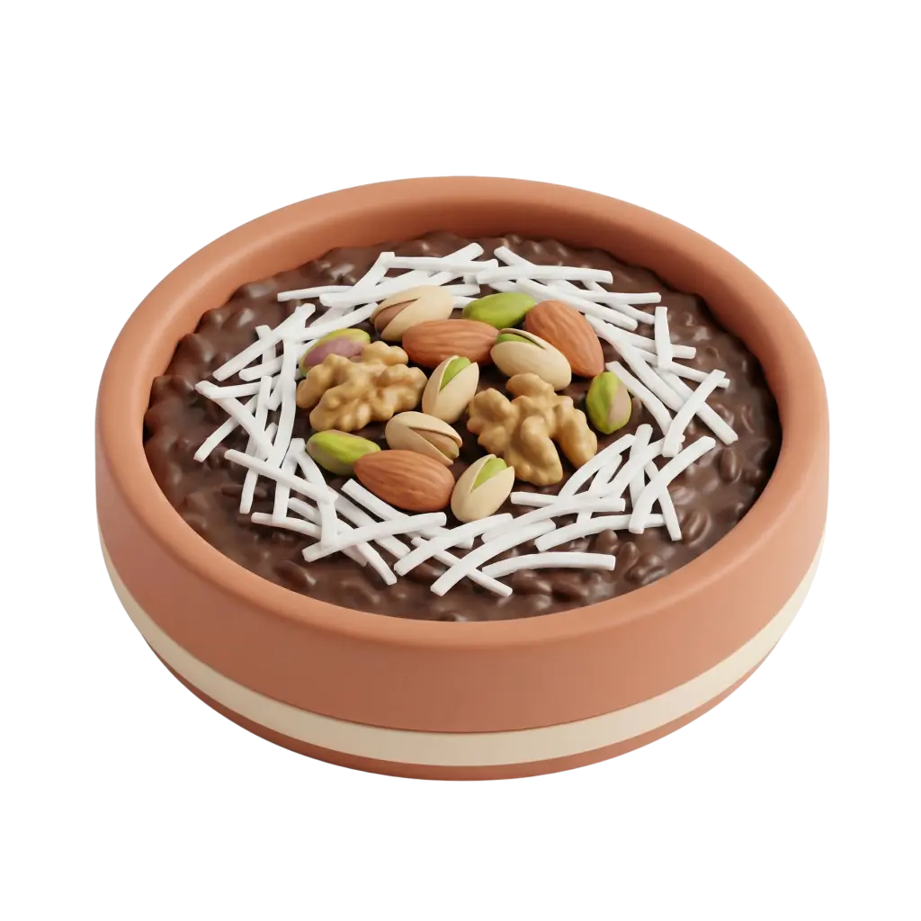 3D render of a round terracotta bowl with a beige stripe filled with a textured brown rice pudding topped with shredded white coconut, whole pistachios, almonds and walnut halves. Isolated on a black background with a clean studio-style presentation.