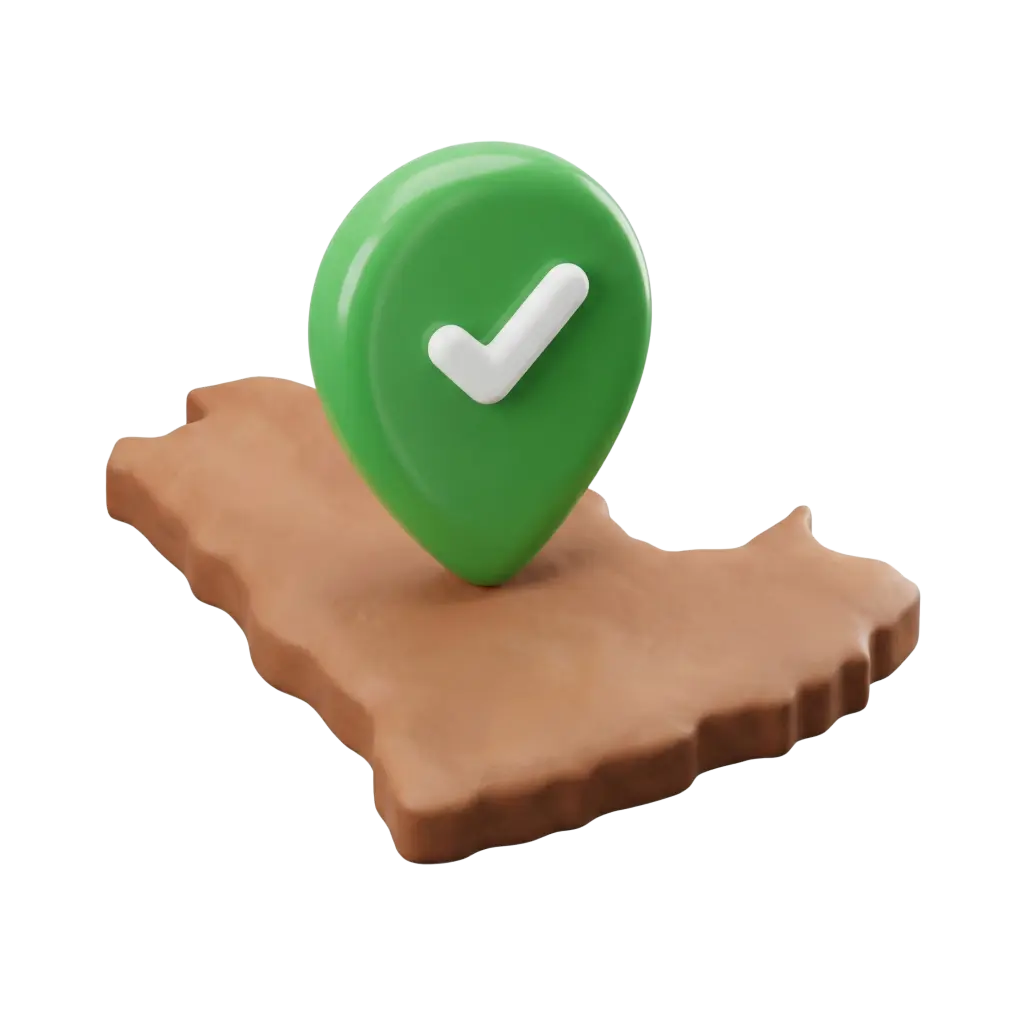 3D render of a clay-textured brown base shaped like the MENA region with a glossy green location pin topped by a white check mark, isolated on a transparent background.