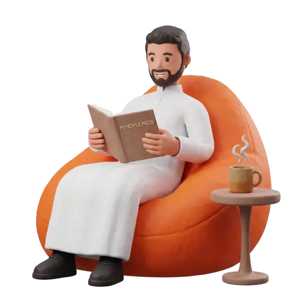 Full-body 3D scene of a single male character wearing a white thawb sitting on an orange beanbag chair reading a book titled "MINDFULNESS", with a steaming coffee mug on a small side table. Black background, cozy relaxed mood, stylized clay-like 3D render.