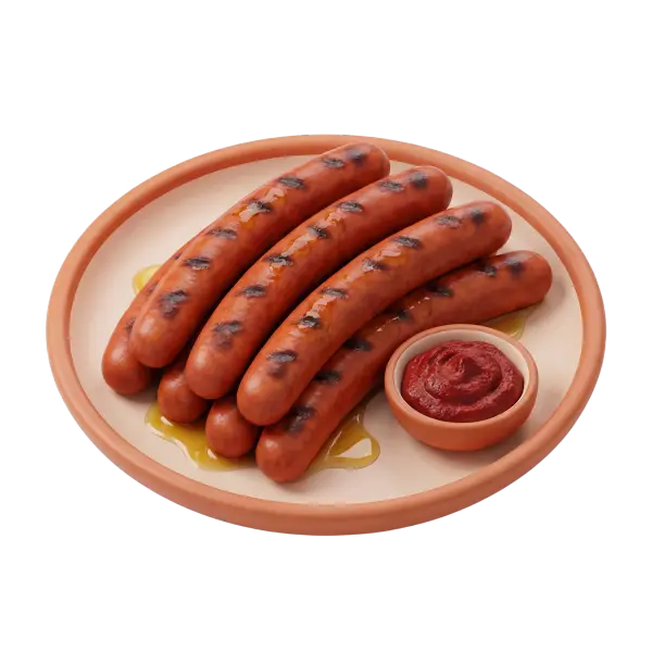3D render of grilled merguez sausages stacked on a round beige plate with glossy oil drips and visible char marks. A small terracotta bowl of red dipping sauce sits beside the sausages on an isolated black background.