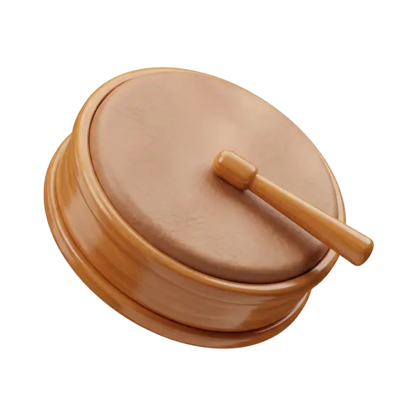 3D render of a round mesaharaty drum with a polished wooden shell and a taut beige leather head, plus a small wooden striker; wood has a warm glossy finish and the drumhead shows subtle grain texture. Isolated on a black background.