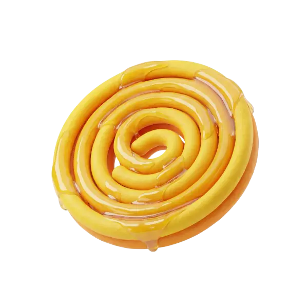 Top-down shot of a coiled bright yellow syrup-glazed spiral pastry (meshbek) with glossy syrup drips, isolated on a black background.