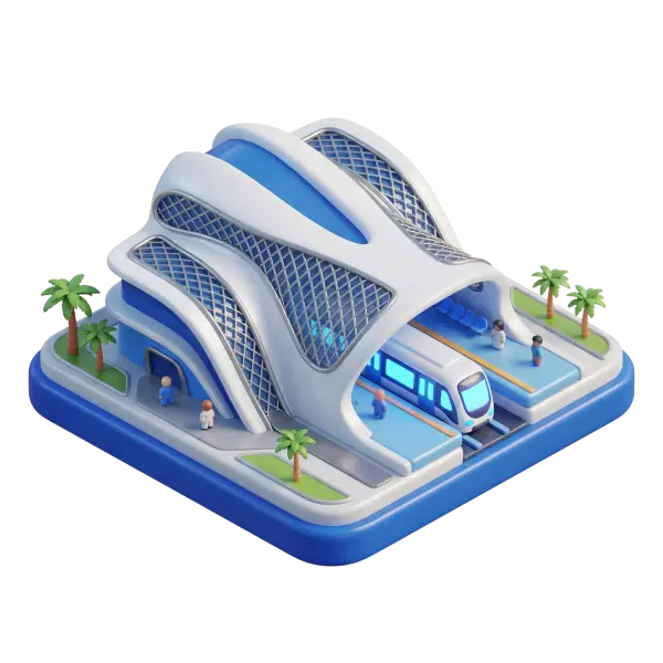 3D render of a stylized metro station model with white and blue glossy shell, lattice mesh roof panels, miniature human figures and small palm trees, placed on an isolated transparent base. Isometric perspective with smooth plastic-like finish and subtle lighting.