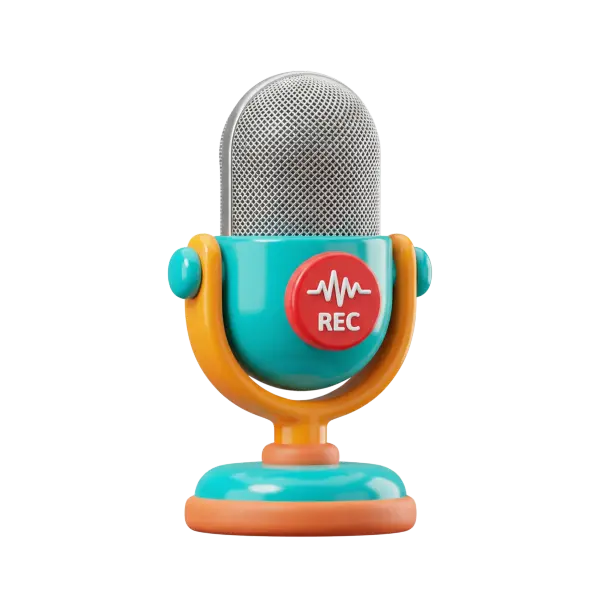 3D render of a stylized tabletop microphone with a silver metallic mesh capsule and a glossy turquoise plastic body mounted on an orange U-shaped stand, featuring a red REC button with a white waveform icon. Isolated on a transparent background.