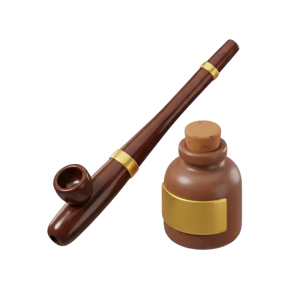 3D render of a glossy wooden midwakh pipe with gold metallic bands and a small brown jar with a cork stopper and gold label, isolated on a transparent background.