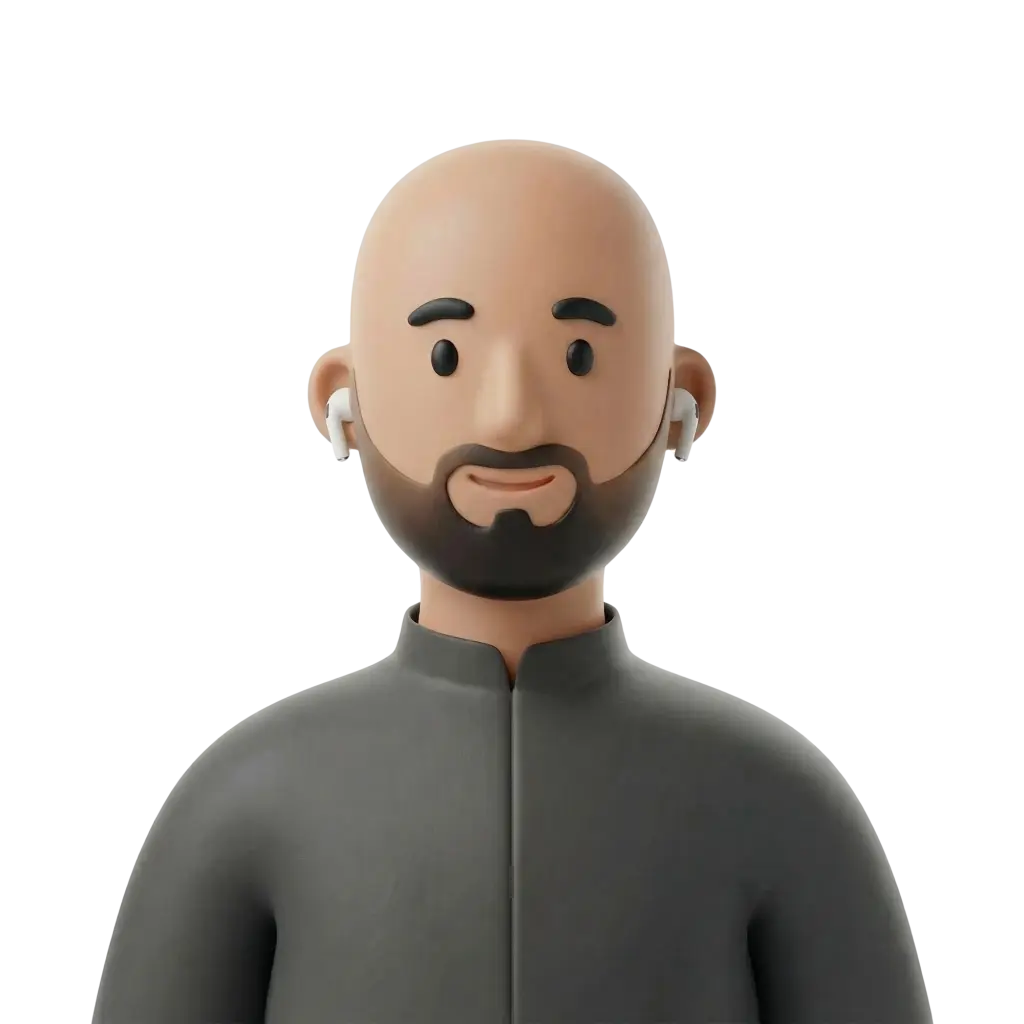 3D portrait bust of a bald bearded man wearing a dark grey collared tunic and white wireless earbuds, with a neutral friendly expression and shoulders slightly visible. Smooth matte finish on an isolated black background.