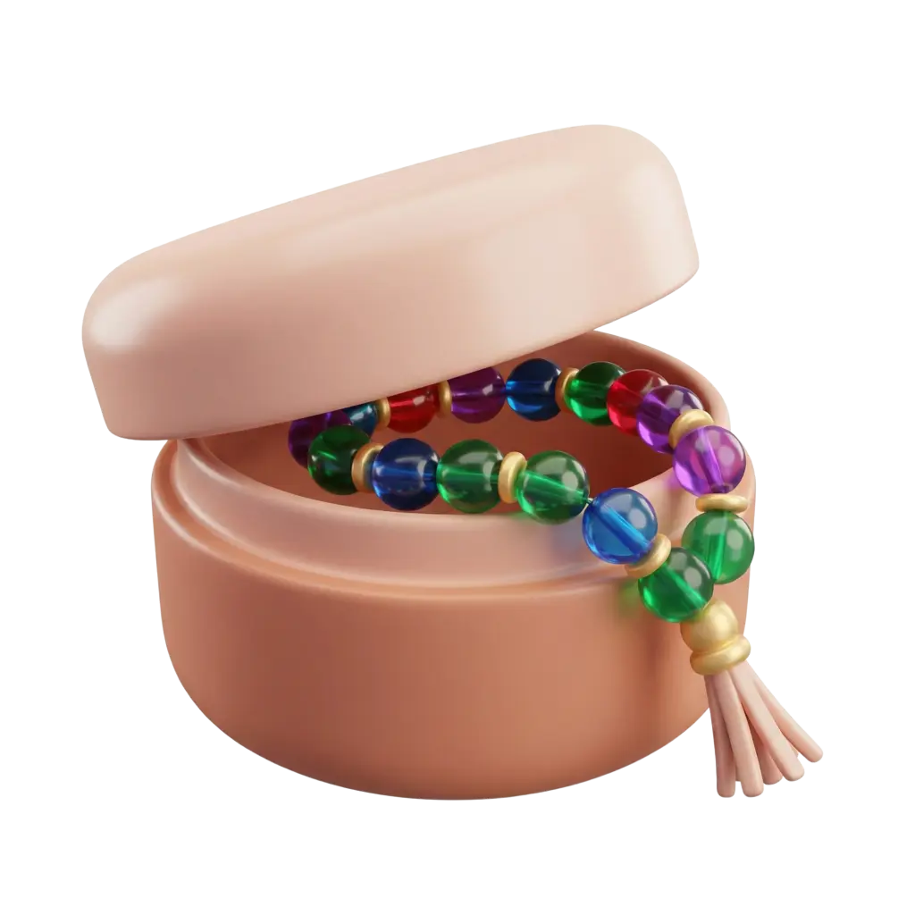 3D render of a round matte pale-pink misbaha box with a slightly open lid revealing a colorful translucent glass-bead misbaha with gold spacer rings and a pale tassel, isolated on a black background.