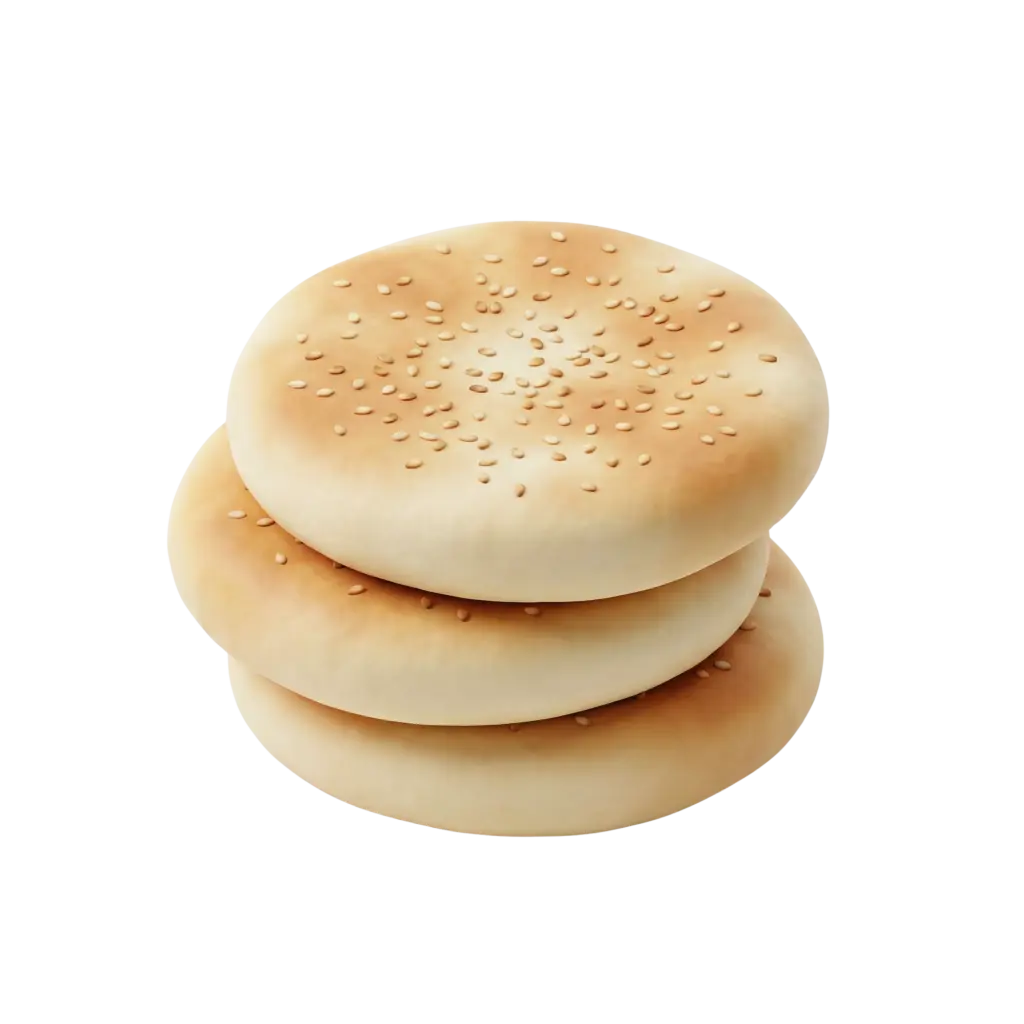 3D render of three stacked round flat coconut breads topped with sesame seeds, pale golden crust and smooth soft texture, isolated on a transparent background.